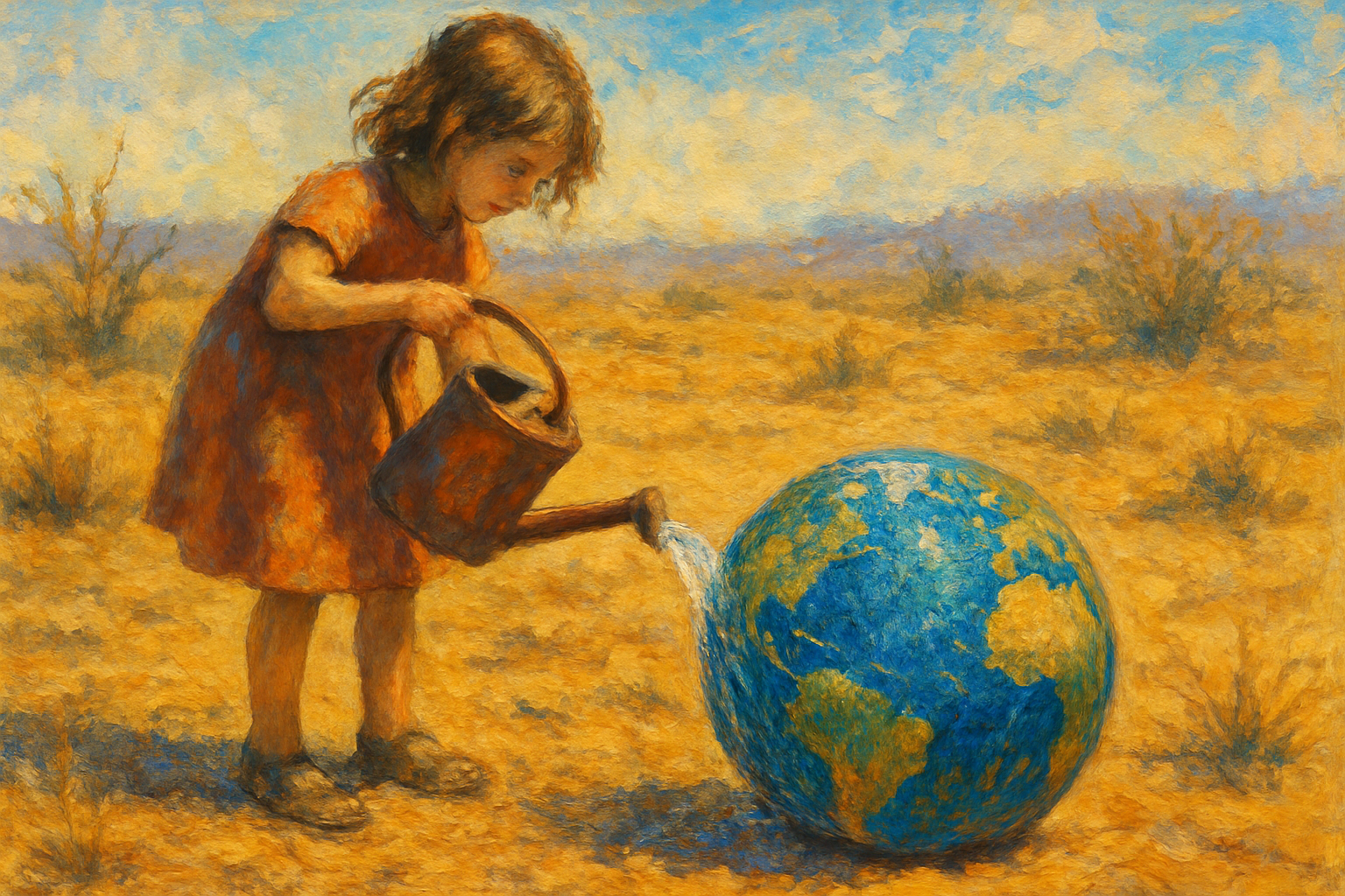 una niña, en primer plano, regando el planeta tierra como si fuese una pelota en el suelo de un jardin árido.