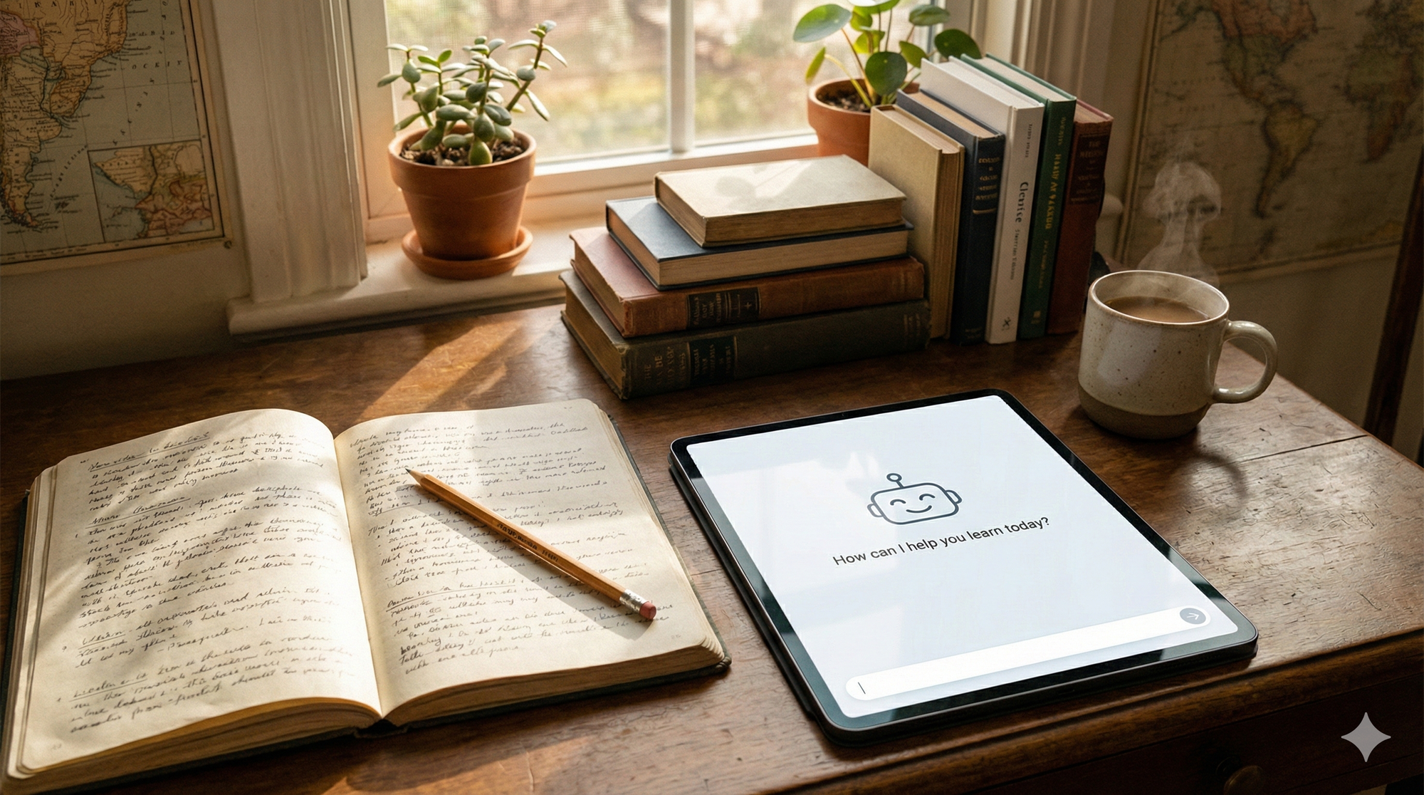Una fotografía cálida y acogedora de un escritorio de estudio que combina tradición y tecnología moderna. 