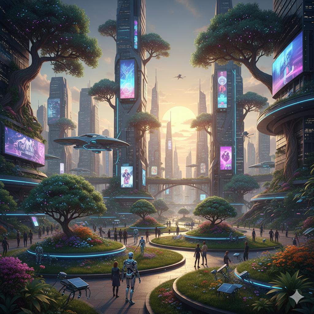 Ciudad futurista hiperrealista que combina tecnología avanzada, diseño arquitectónico de vanguardia y un toque ciberpunk, con la presencia de la naturaleza.