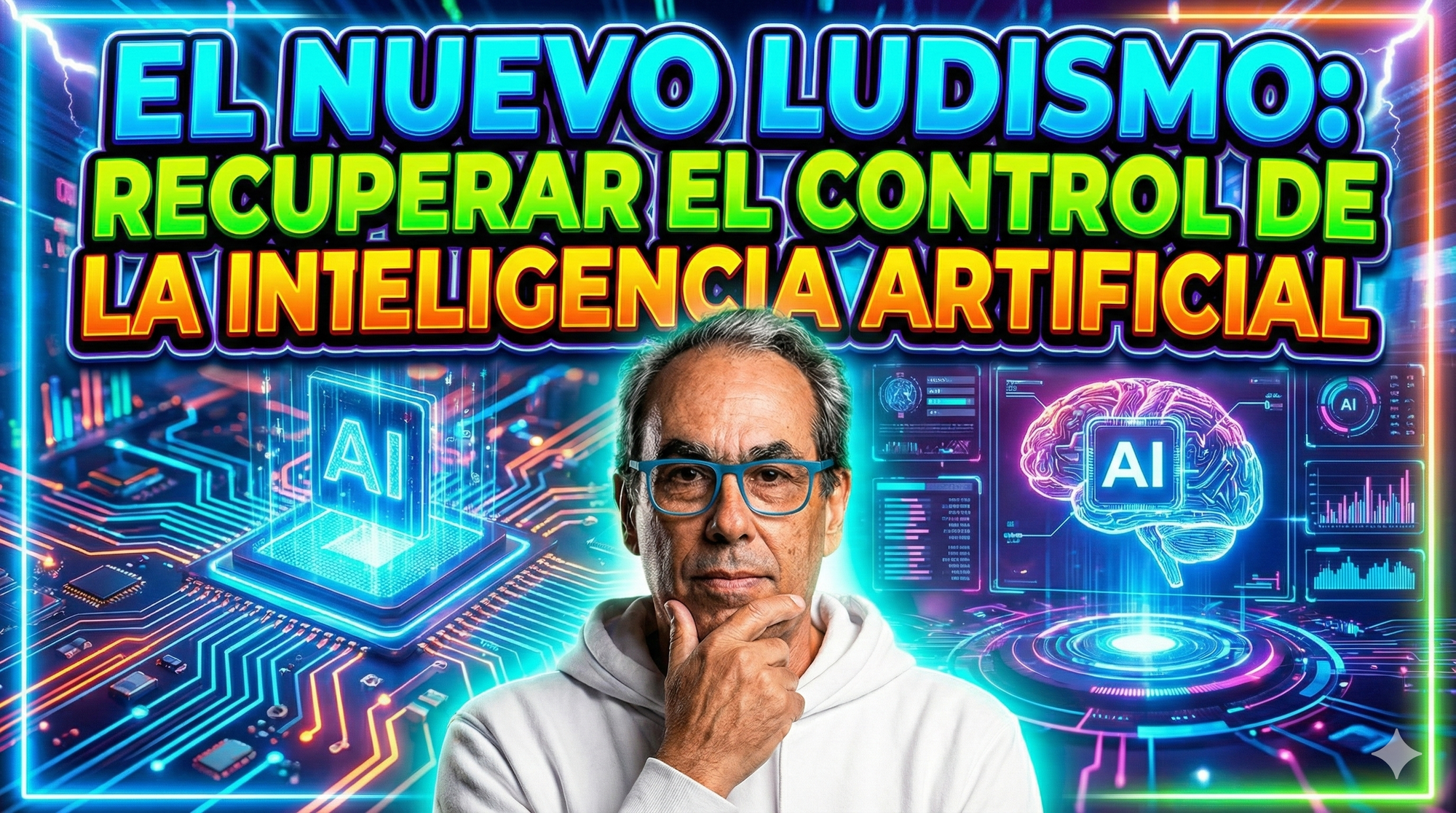 Un sujeto preocupado con el texto "El nuevo ludismo: recuperar el control de la inteligencia artificial".