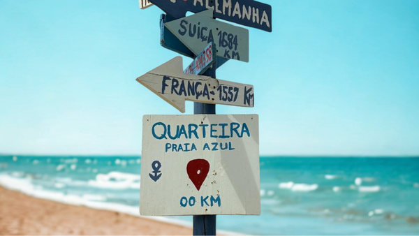 El típico cruce de caminos con las flechas en distintas direcciones, con el Km. 0 a Quarteira (Portugal) y un fondo difuminado de una playa.