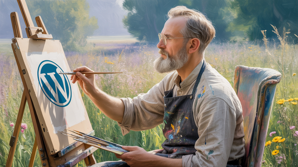 Una pintura impresionista representa a un caballero anciano con una barba gris cuidadosamente recortada y gafas de montura plateada, está pintando el logo de WordPress.