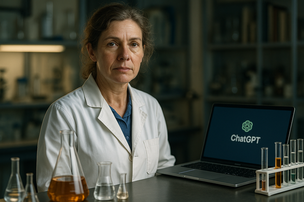 Un retrato hiperrealista de una científica de mediana edad inmersa en su trabajo de laboratorio.
