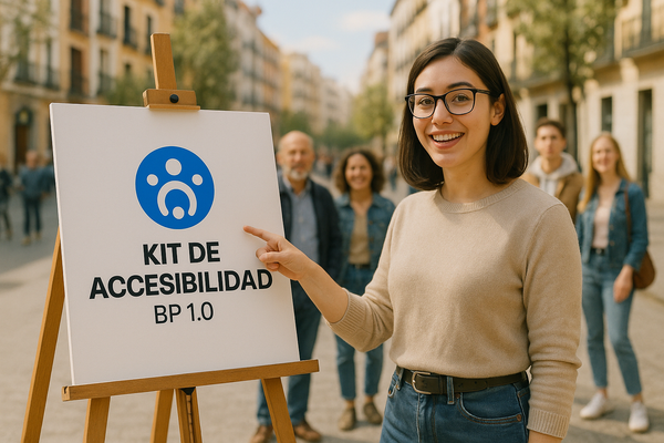 Una mujer joven impartiendo una charla informativa sobre el Kit de Accesibilidad desarrollado en Blogpocket.