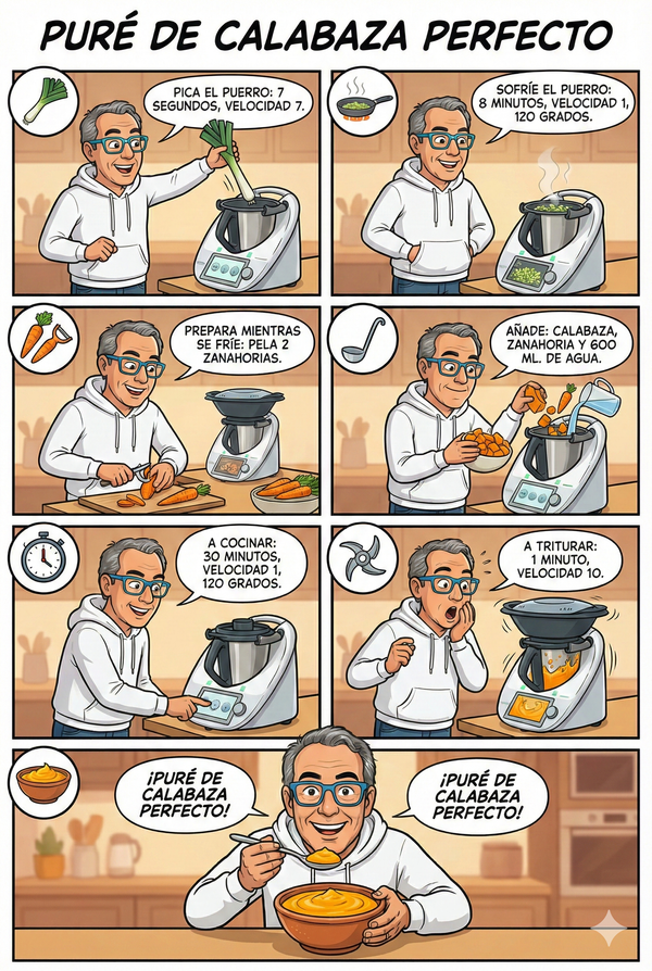 Receta en estilo cómic de un puré de calabaza perfecto.
