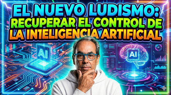 Un sujeto preocupado con el texto "El nuevo ludismo: recuperar el control de la inteligencia artificial".